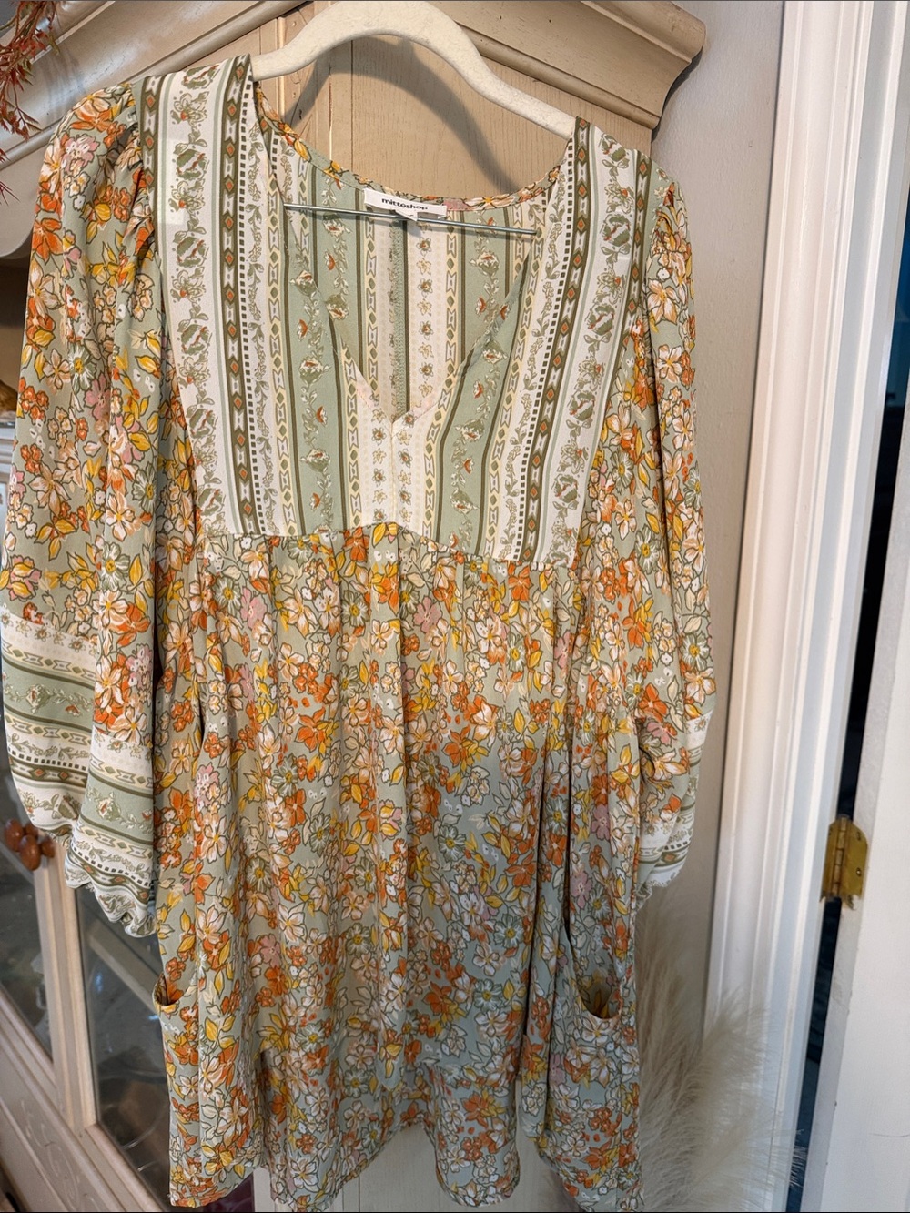 mittoshop Sage Green Floral Boho Dress with Orange Accents